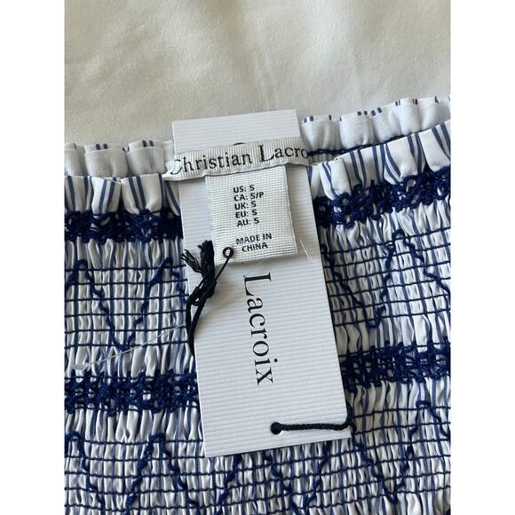 Christian Lacroix Smocked Tube Top Navy Blue & White Striped Ruffle Size Small - Picture 5 of 5